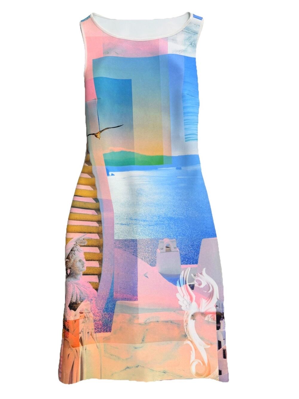 Clover Canyon Greek Dreams Dress S Neoprene Cut Out Art Collage Statue Sea EUC